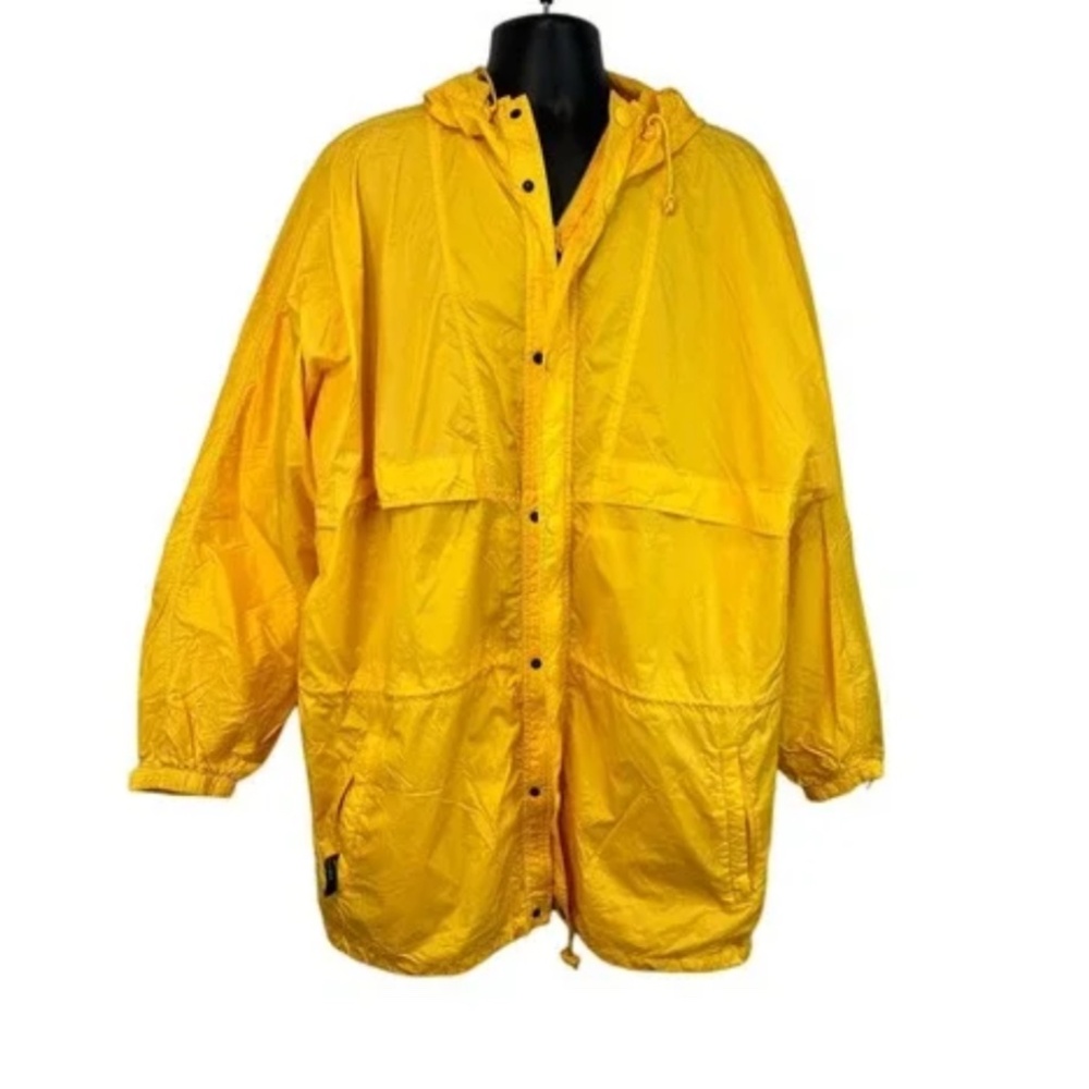 Ebtek Eddie Bauer Rain Coat Yellow Vented Men's Roll Up Hood LIghtweight -Large